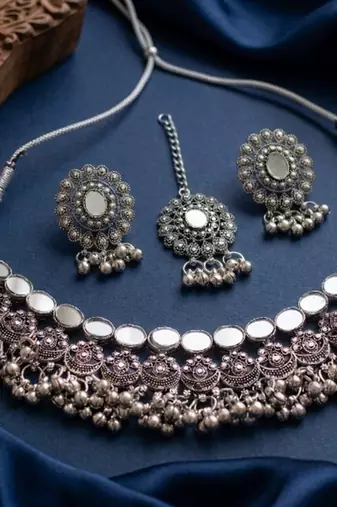 Oxidized silver mirror choker set, traditional ethnic indian jewelry for women, bollywood wedding & festival necklace