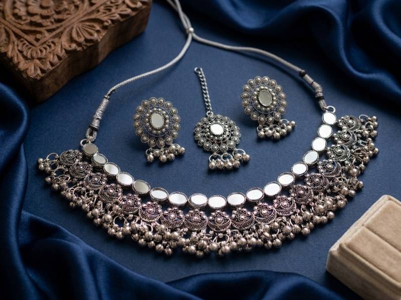 Oxidized silver mirror choker set, traditional ethnic indian jewelry for women, bollywood wedding & festival necklace