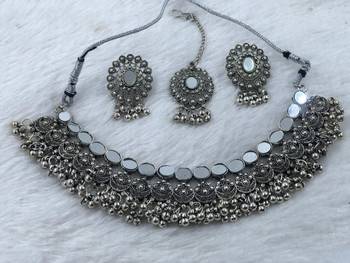 Oxidized silver mirror choker set, traditional ethnic indian jewelry for women, bollywood wedding & festival necklace 4