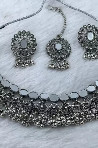 Oxidized silver mirror choker set, traditional ethnic indian jewelry for women, bollywood wedding & festival necklace