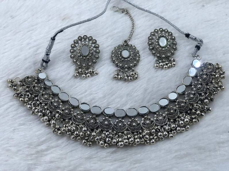 Oxidized silver mirror choker set, traditional ethnic indian jewelry for women, bollywood wedding & festival necklace