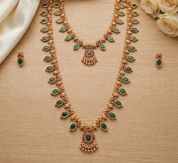Green emerald necklace set long haram temple jewelry south indian bridal jewelry set 1