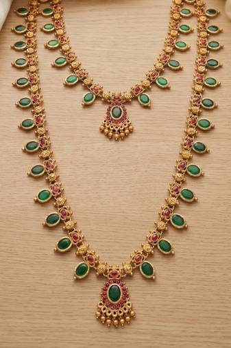Green emerald necklace set long haram temple jewelry south indian bridal jewelry set