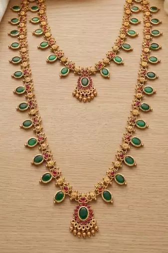 Green emerald necklace set long haram temple jewelry south indian bridal jewelry set