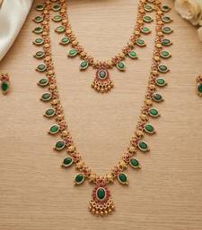 Green emerald necklace set long haram temple jewelry south indian bridal jewelry set