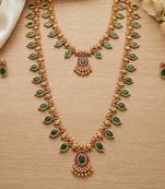 Green emerald necklace set long haram temple jewelry south indian bridal jewelry set