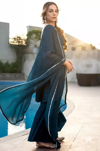 women's rayon geometric embroidered flared kurta sharara with dupatta