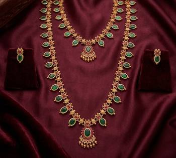 Green emerald necklace set long haram temple jewelry south indian bridal jewelry set 2
