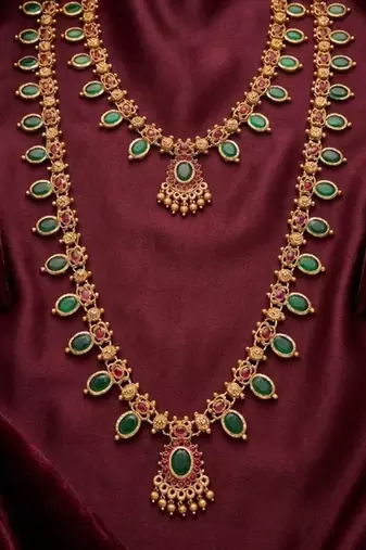 Green emerald necklace set long haram temple jewelry south indian bridal jewelry set