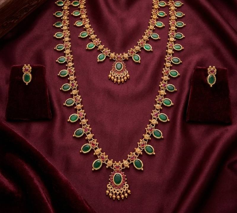 Green emerald necklace set long haram temple jewelry south indian bridal jewelry set