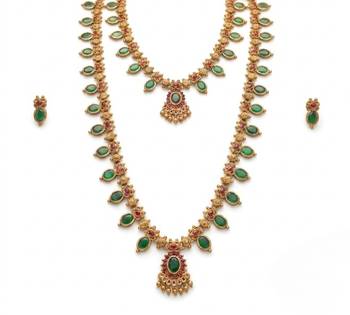 Green emerald necklace set long haram temple jewelry south indian bridal jewelry set 3