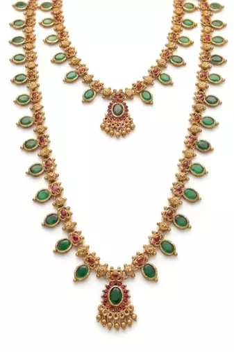 Green emerald necklace set long haram temple jewelry south indian bridal jewelry set
