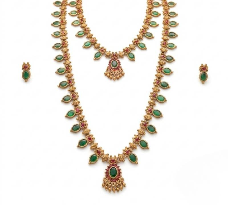 Green emerald necklace set long haram temple jewelry south indian bridal jewelry set