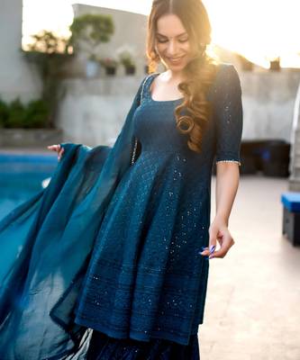 women's rayon geometric embroidered flared kurta sharara with dupatta 4