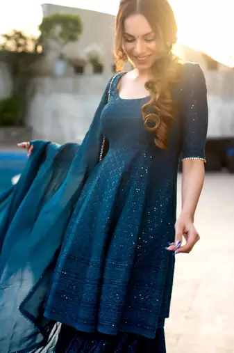 women's rayon geometric embroidered flared kurta sharara with dupatta
