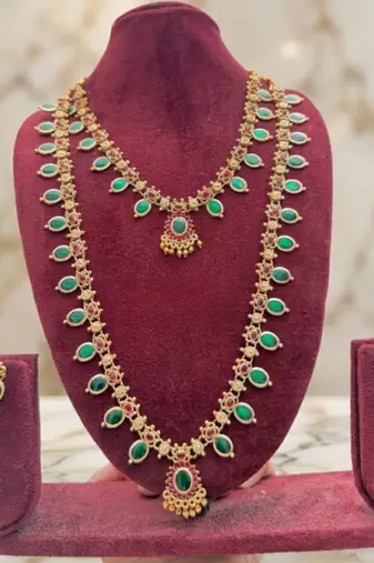 Green emerald necklace set long haram temple jewelry south indian bridal jewelry set