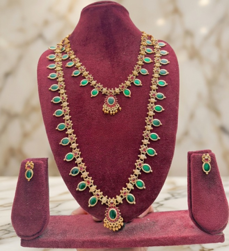 Green emerald necklace set long haram temple jewelry south indian bridal jewelry set