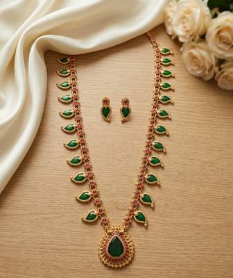 Green meenakari long haram necklace set antique gold plated south indian temple jewelry for wedding 1