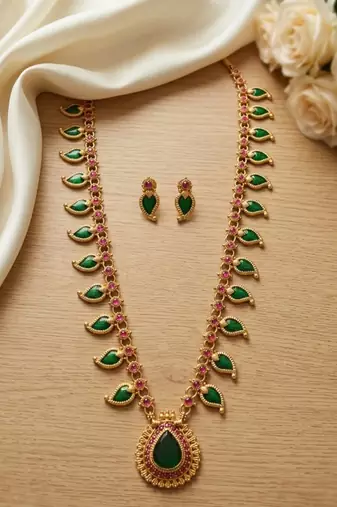 Green meenakari long haram necklace set antique gold plated south indian temple jewelry for wedding