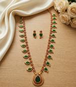 Green meenakari long haram necklace set antique gold plated south indian temple jewelry for wedding