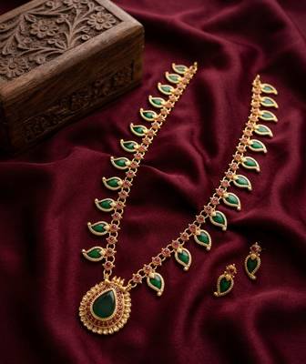 Green meenakari long haram necklace set antique gold plated south indian temple jewelry for wedding 2