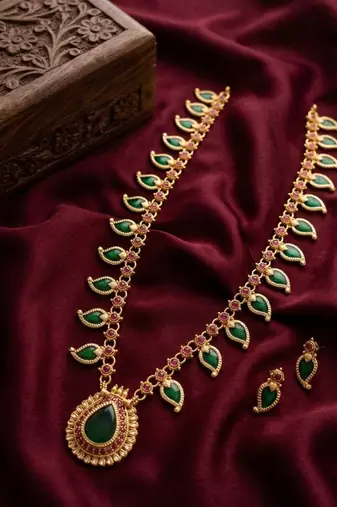 Green meenakari long haram necklace set antique gold plated south indian temple jewelry for wedding