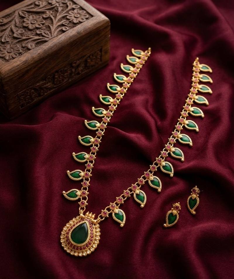 Green meenakari long haram necklace set antique gold plated south indian temple jewelry for wedding