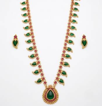 Green meenakari long haram necklace set antique gold plated south indian temple jewelry for wedding 3