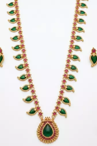 Green meenakari long haram necklace set antique gold plated south indian temple jewelry for wedding