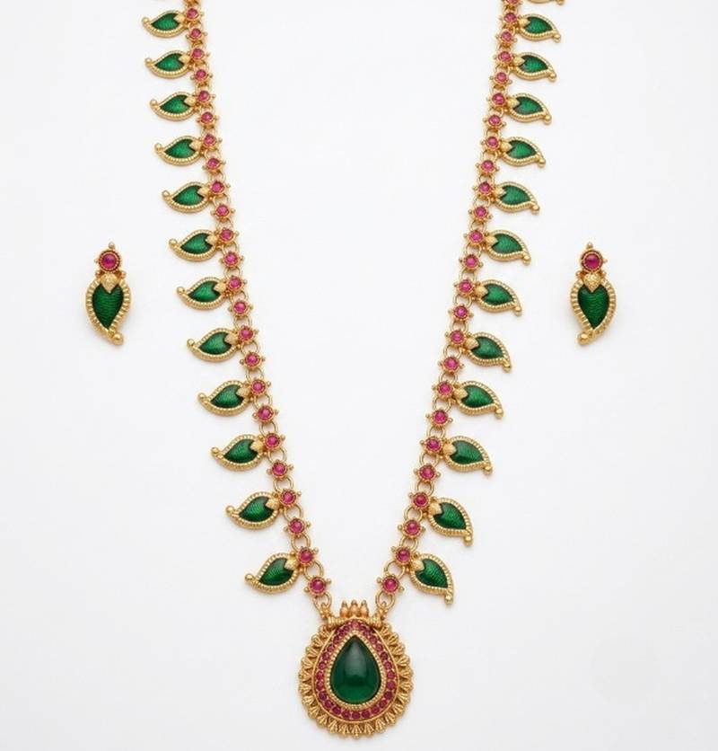 Green meenakari long haram necklace set antique gold plated south indian temple jewelry for wedding