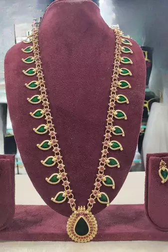 Green meenakari long haram necklace set antique gold plated south indian temple jewelry for wedding