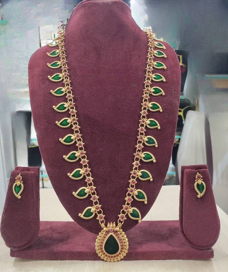 Green meenakari long haram necklace set antique gold plated south indian temple jewelry for wedding