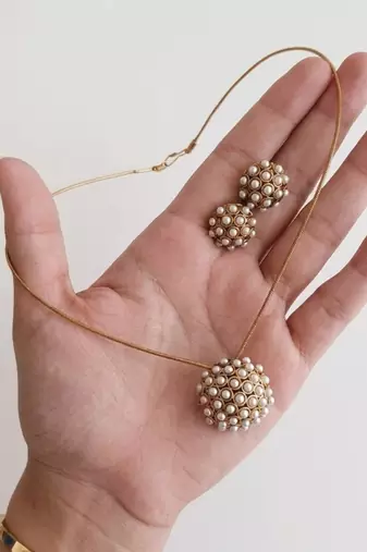 Antique gold plated pearl pendant necklace set with earrings | indian ethnic bollywood festival jewelry