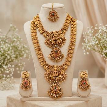 South indian temple jewelry set: lakshmi long haram necklace, choker, earrings & maang tikka bridal set 1