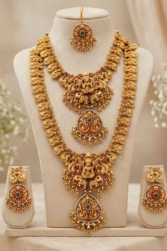 South indian temple jewelry set: lakshmi long haram necklace, choker, earrings & maang tikka bridal set