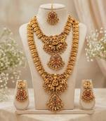 South indian temple jewelry set: lakshmi long haram necklace, choker, earrings & maang tikka bridal set