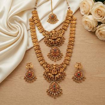 South indian temple jewelry set: lakshmi long haram necklace, choker, earrings & maang tikka bridal set 2