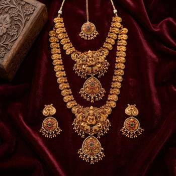 South indian temple jewelry set: lakshmi long haram necklace, choker, earrings & maang tikka bridal set 3