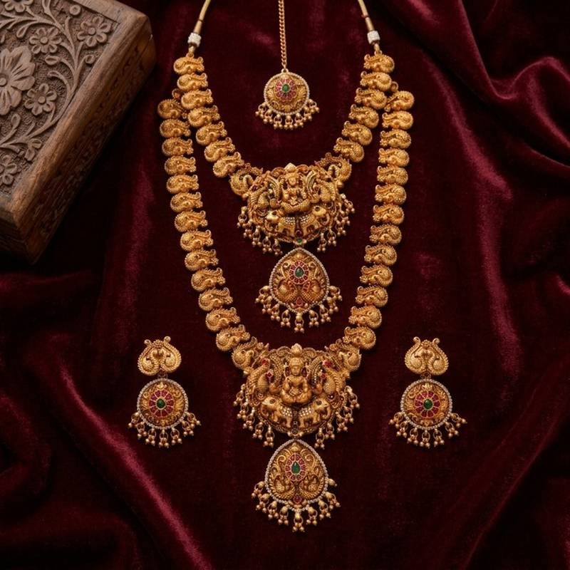 South indian temple jewelry set: lakshmi long haram necklace, choker, earrings & maang tikka bridal set
