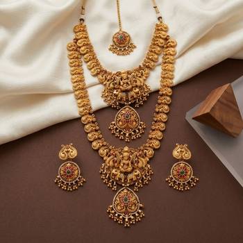 South indian temple jewelry set: lakshmi long haram necklace, choker, earrings & maang tikka bridal set 4