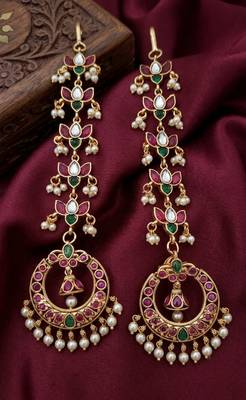 Gold kemp  earrings with matal chain, south indian temple jewelry set, bridal wedding earrings 1