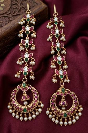 Gold kemp  earrings with matal chain, south indian temple jewelry set, bridal wedding earrings