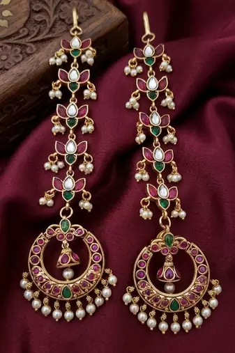 Gold kemp  earrings with matal chain, south indian temple jewelry set, bridal wedding earrings