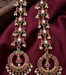 Gold kemp  earrings with matal chain, south indian temple jewelry set, bridal wedding earrings