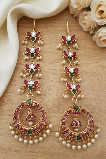 Gold kemp  earrings with matal chain, south indian temple jewelry set, bridal wedding earrings