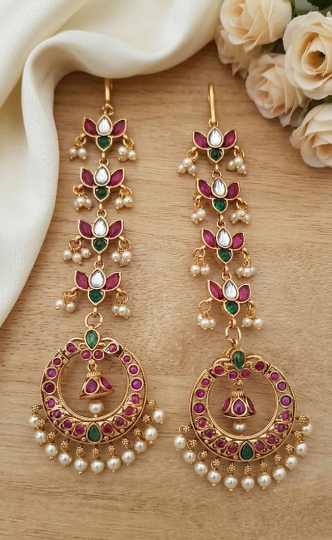Gold kemp  earrings with matal chain, south indian temple jewelry set, bridal wedding earrings