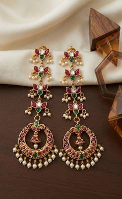 Gold kemp  earrings with matal chain, south indian temple jewelry set, bridal wedding earrings 3