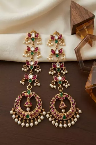 Gold kemp  earrings with matal chain, south indian temple jewelry set, bridal wedding earrings
