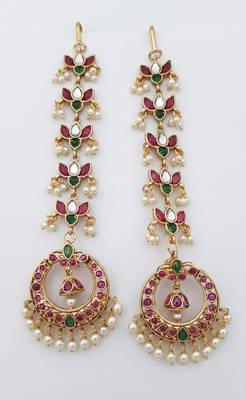 Gold kemp  earrings with matal chain, south indian temple jewelry set, bridal wedding earrings 4