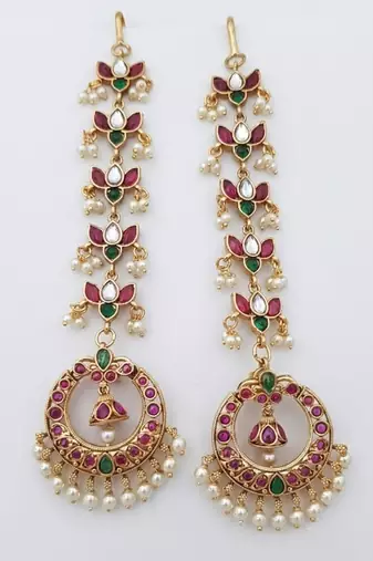 Gold kemp  earrings with matal chain, south indian temple jewelry set, bridal wedding earrings